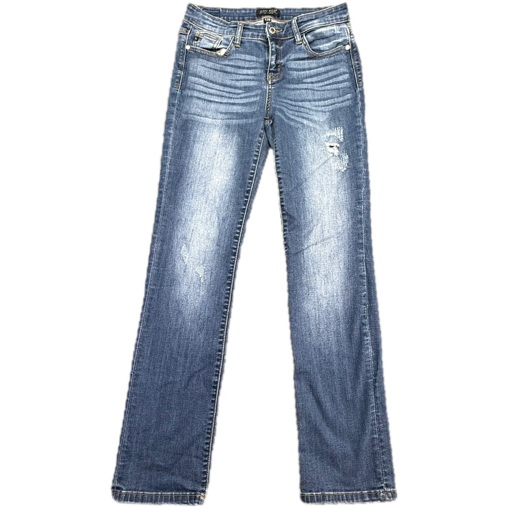 Judy Blue Straight Fit Jeans Women 7/28 Blue Distressed Stretch JB8277DK